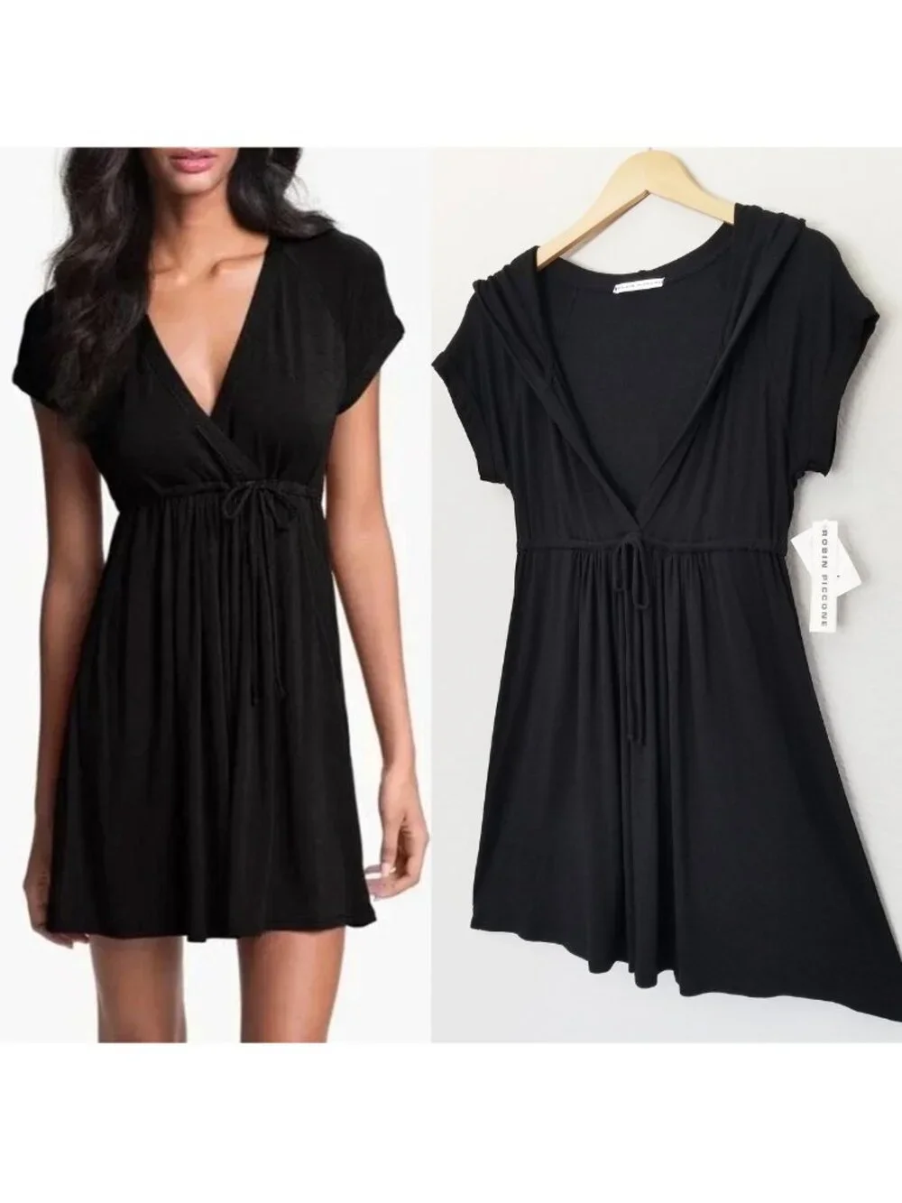NEW Robin Piccone Black V-Neck Wrap Drawstring Hooded Dress Swim Cover-Up M $125